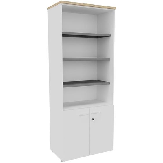 Bibliothèque haute 2 portes basses L.80 x P.48 x H.201 cm - Corps Blanc - Top Chêne