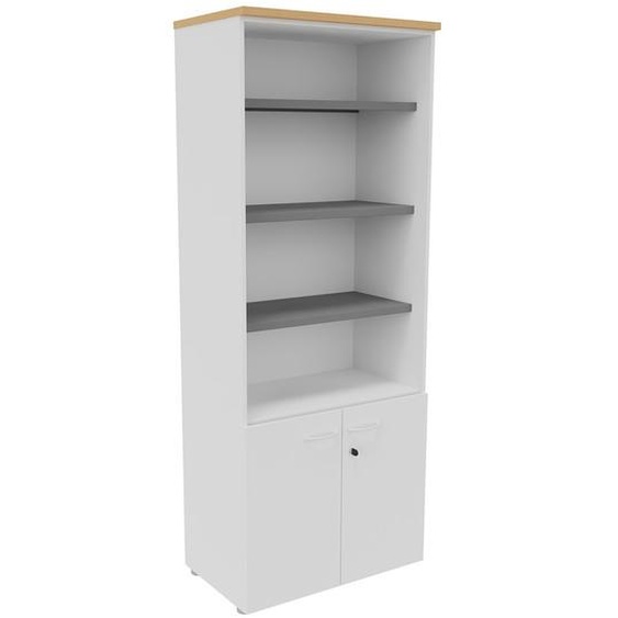 Bibliothèque haute 2 portes basses L.80 x P.48 x H.201 cm - Corps Blanc - Top Hêtre