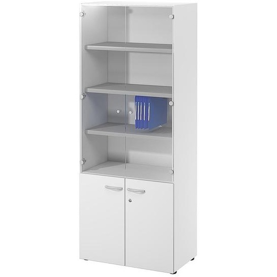 Bibliothèque haute 4 portes dont 2 vitrées L.80 x P.48 x H.201 cm - Corps Blanc - Top Blanc