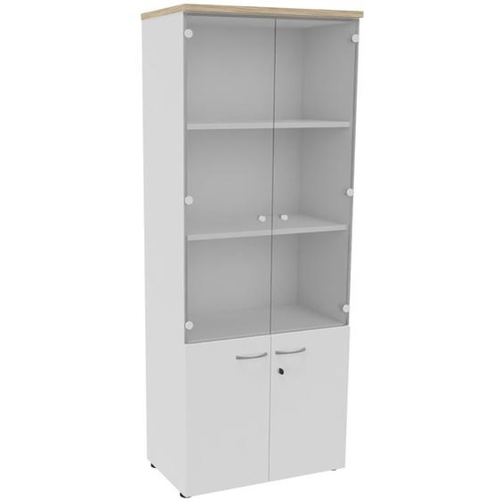 Bibliothèque haute 4 portes dont 2 vitrées L.80 x P.48 x H.201 cm - Corps Blanc - Top Chêne