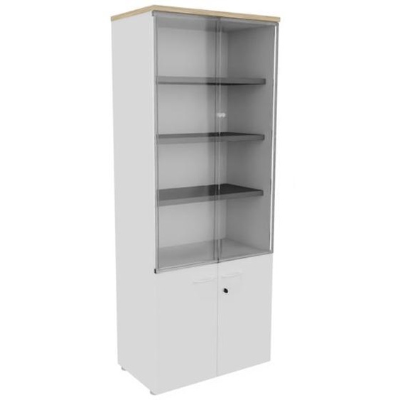 Bibliothèque haute 4 portes dont 2 vitrées L.80 x P.48 x H.201 cm - Corps Blanc - Top Chêne