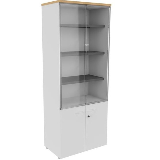 Bibliothèque haute 4 portes dont 2 vitrées L.80 x P.48 x H.201 cm - Corps Blanc - Top Hêtre