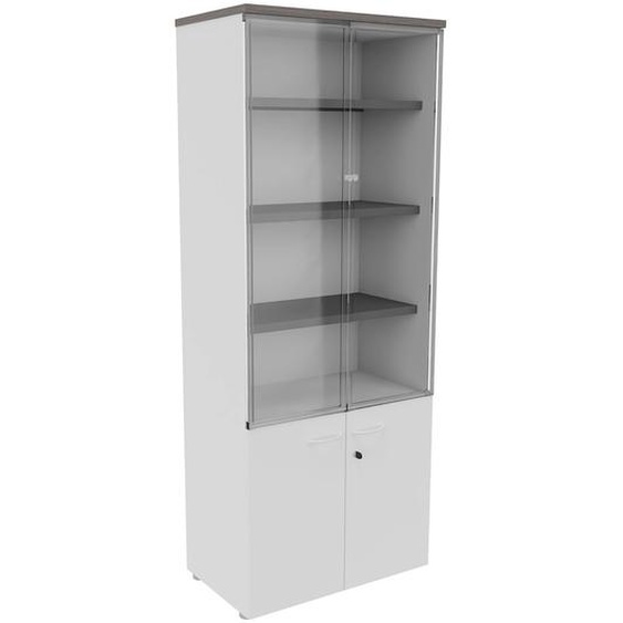 Bibliothèque haute NF Environnement portes basses et vitrine H.203 cm x L.80 cm blanche - Top Cèdre