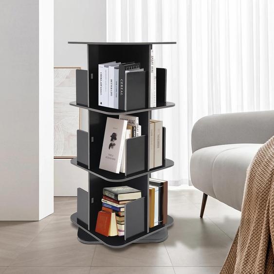 Bibliothèque pivotante - Étagère indépendante sur pied à 3 niveaux - pivotant à 360° - peu encombrante - Avec rebord de sécurité - Noir