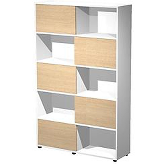 Bibliothèque Svenja 10 cases avec 5 portes coulissantes - L. 120 x H. 190 cm - Blanc avec 5 portes Chêne