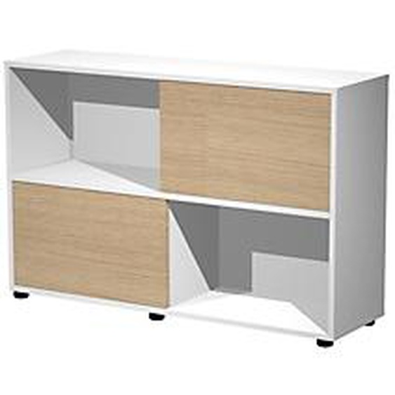 Bibliothèque Svenja 4 cases avec 2 portes coulissantes - L. 120 x H. 79 cm - Chêne et Blanc