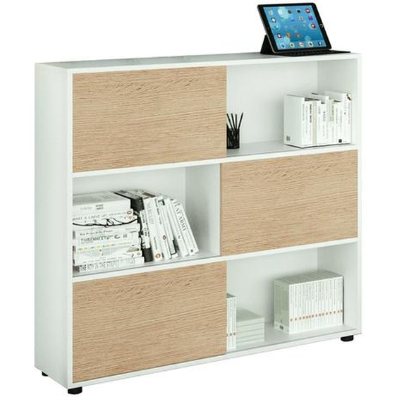 Bibliothèque Svenja 6 cases avec 3 portes coulissantes - L. 120 x H. 116,2 cm - Chêne et Blanc