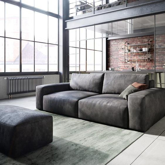 Big sofa Lanzo L 260x110 cm imitation cuir vintage anthracite avec Tabouret, Grands canapés