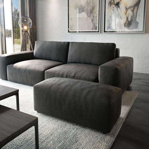 Big sofa Lanzo XL 270x130 cm imitation cuir vintage anthracite avec Tabouret, Grands canapés