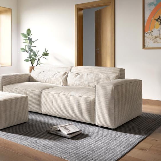 Big-Sofa Sirpio XL 270x130 cm Velours côtelé Beige avec Tabouret, Grands canapés