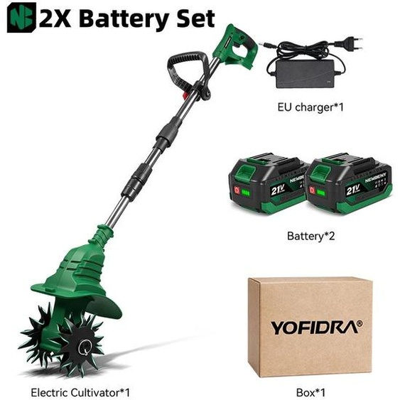 Bineuse électrique pour le jardin - Fraise à gazon sans fil - Moteur en cuivre de 1800 W - Largeur de travail de 170 mm, profondeur de 150 mm - 900 tr/min - Modèle 2 avec batterie