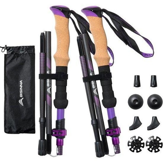 BISINNA Bâtons de marche pliables en carbone avec poignée en liège | Bâtons de marche nordique pour hommes et femmes | Bâtons de randonnée légers, pliables et télescopiques pour lalpinisme (violet, 95-115 cm)
