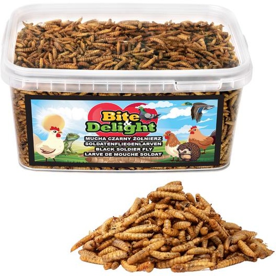 Bite&Delight Larves séchées de mouche soldat noire 2,5L / 450g - Source naturelle de protéines pour la volaille, les oiseaux sauvages, les reptiles et les petits animaux