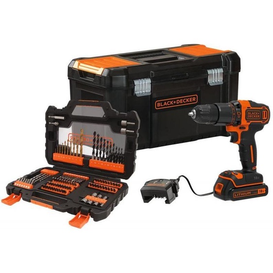BLACK & DECKER Perceuse-visseuse à percussion sans fil 18V 2 vitesses, avec 104 accessoires + coffret