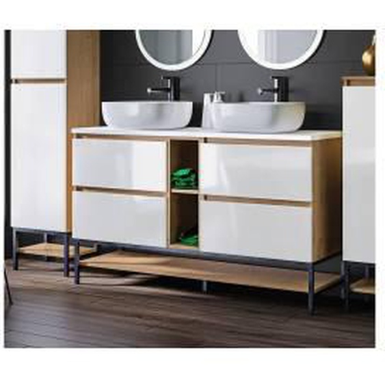 Blanc et chêne Ensemble de salle de bain 140 cm avec pieds BAYA avec colonne blanc et chêne  - Panneaux de particules - 0