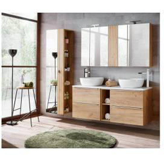 Blanc et chêne Ensemble de salle de bain 140 cm CINDY avec colonne et meuble pharmacie chêne  - Laine - 0
