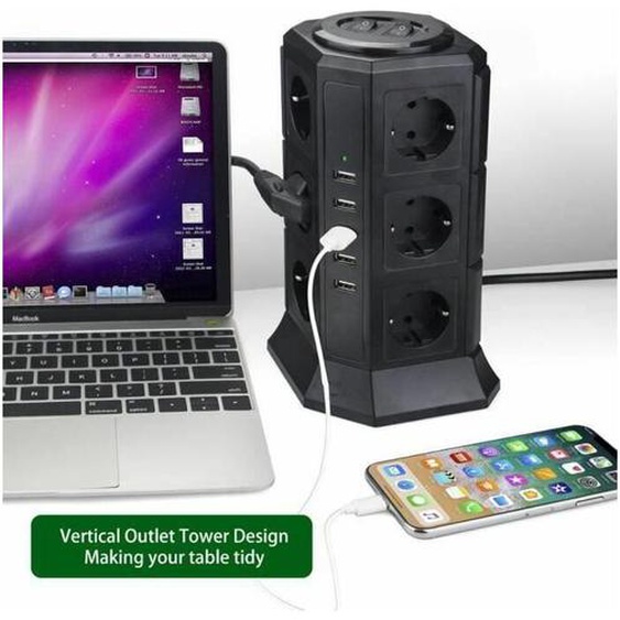 Bleosan - Tour Multiprise Parasurtenseur Parafoudre 12 Prises avec 5 usb 4,5A Ports Cordon de 2m - Noir