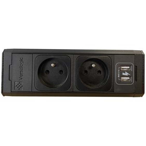 Bloc prise VersaDesk avec fixation, 2 prises électriques + 2 ports USB, câble d’alimentation 3m - Noir