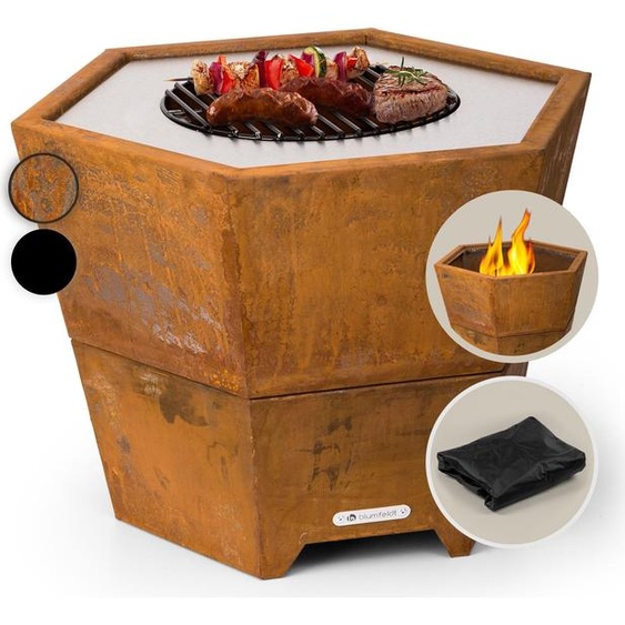 Blumfeldt Brasero Exterieur pour le Jardin, Brasero Grill Barbecue Gril, Couverture Pluie, Bol en Acier, Brasero Bbq Hexagonal avec Foyer Camping, Brûleur à Bois, Résistant aux Intempéries, Tisonnier