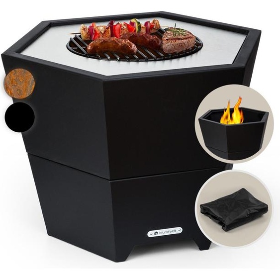 Blumfeldt Brasero Exterieur pour le Jardin, Brasero Grill Barbecue Gril, Couverture Pluie, Bol en Acier, Brasero Bbq Hexagonal avec Foyer Camping, Brûleur à Bois, Résistant aux Intempéries, Tisonnier