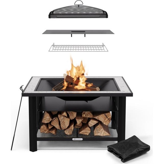 Blumfeldt Merano Avanzato Brasero Exterieur - 3-en-1 Brasero, Barbecue & Table, Plateau en Terrazzo, Cadre en Acier Robuste, Pare-Étincelles, Grille & Tisonnier Inclus, Idéal pour Jardin & Terrasse