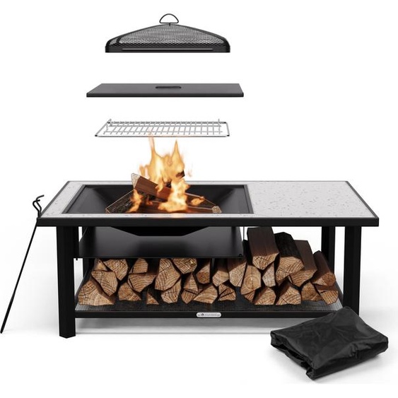 Blumfeldt Merano Avanzato L Brasero Exterieur - 3-en-1 Brasero Barbecue & Table, Plateau Terrazzo, Cadre Acier Robuste, Pare-Étincelles, Grille & Tisonnier Inclus, Idéal Jardin & Terrasse