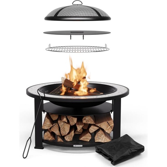 Blumfeldt Merano Circolo Brasero Exterieur - 3 en 1 Brasero, Barbecue & Table, Cadre en Acier Robuste, Plateau en Terrazzo, Grille, Tisonnier & Pare-Étincelles, Idéal pour Jardin & Terrasse