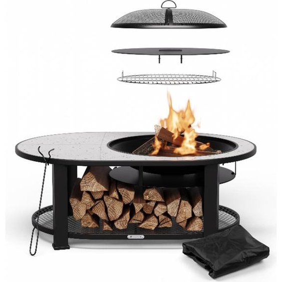 Blumfeldt Merano Circolo L Brasero Exterieur - 3-en-1 Brasero, Barbecue & Table, Plateau Terrazzo, Cadre Acier Robuste, Pare-Étincelles, Grille & Tisonnier Inclus, Idéal Jardin & Terrasse