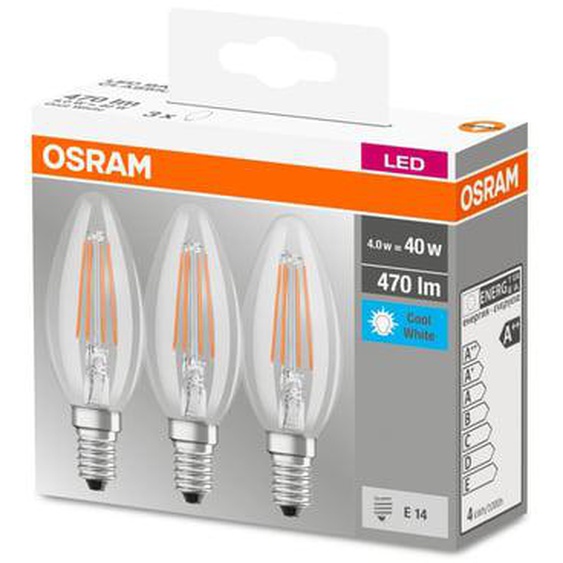Boîte 3 ampoules LED flamme verre clair E14 4W=40 froid