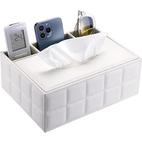 Boîte à Mouchoir en PU Cuir Rectangulaire Distributeur de mouchoirs avec 3 Compartiments Organisateur de Bureau