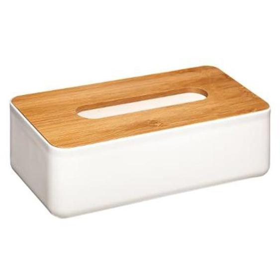 Boîte à Mouchoirs Blanche avec couvercle en bambou - Longueur 13 x Hauteur 26 x Profondeur 8.8 cm