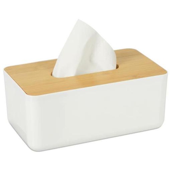 Relaxdays Boîte à mouchoirs pour salle de bain, plastique, couvercle bois, rechargeable, HLP : 10x23x13 cm, blanc/nature