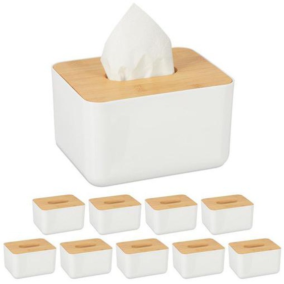 Boîte à mouchoirs, lot de 10, Distributeur lingettes salle bains, plastique, bambou, HLP 10 x 17 x 13 cm, blanc/nature