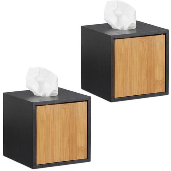 Boîte à mouchoirs, lot de 2, carrée, distributeur lingette tissu bambou HxLxP: 14,5 x 14,5 x 14,5cm, noir