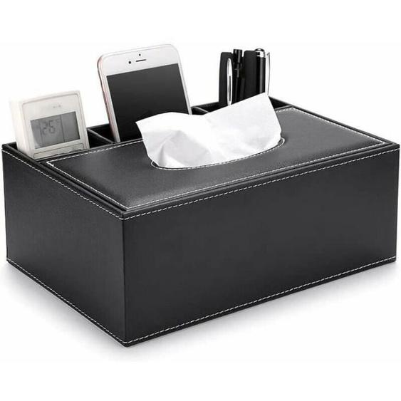 Boîte à mouchoirs rectangulaire en PU avec rangement télécommandé, porte-serviettes élégant, noir.