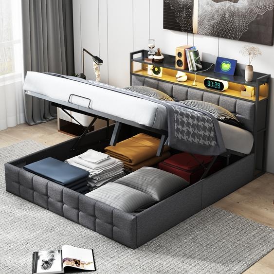 Boîte de lit Moonbite 140x200 cm, revêtue de velours, avec éclairage LED périmétrique et fixations. Comprend : 24 boutons, 16 couleurs, connecteur USB Type-C