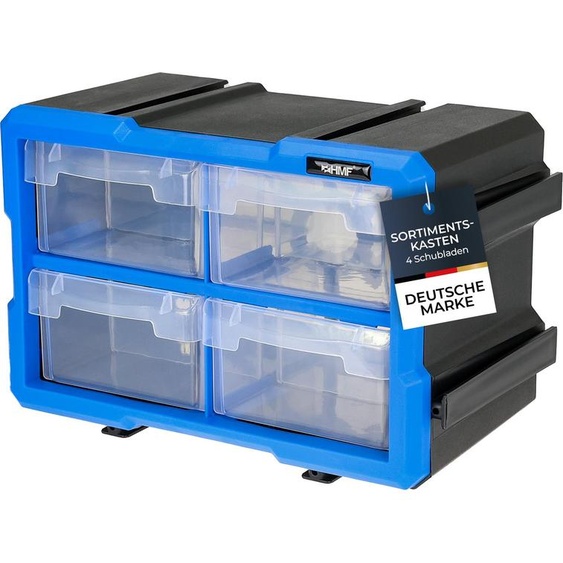 Boîte de rangement HMF pour petites pièces avec 4 tiroirs, boîte de rangement extensible pour vis et outils, 8 compartiments, 29,5 x 19,5 x 16 cm, bleu-noir