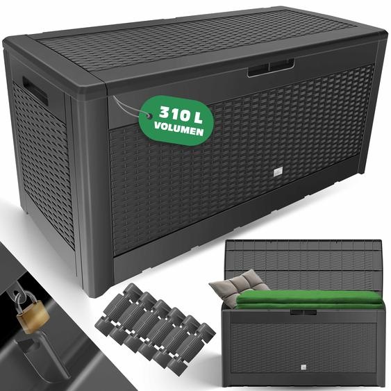 Boîte de rangement KESSER® pour coussins, 310 litres, avec roulettes, couvercle rabattable, poignées, aspect rotin, coffre de jardin, coffre de jardin résistant aux intempéries, boîte de rangement