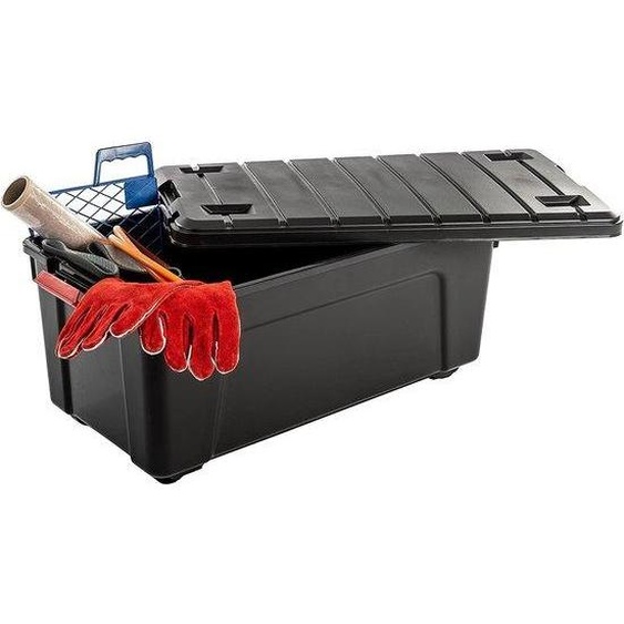 Boîte de rangement mobile de 75 litres, noire, avec roulettes