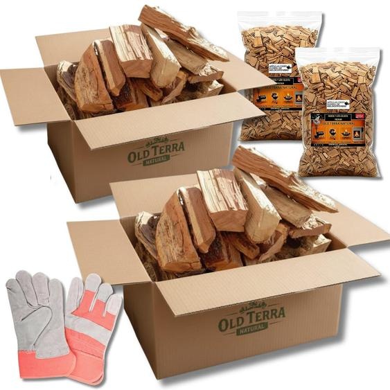 Boîte en bois de 20 kg, idéale pour les cheminées, les barbecues et les fours à pizza, contenant des chips de fruits