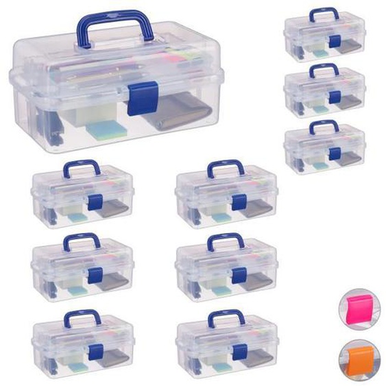 Boîte en plastique transparente, lot de 10, avec poignée, 9 compartiments pour petits objets, HLP: 14x33x19 cm, bleue