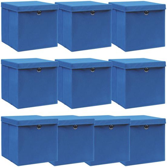 Boîtes de rangement avec couvercle 10 pcs Bleu 32x32x32cm Tissu