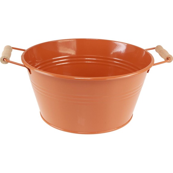 Bol déco en métal brun orange avec poignées en bois Vintage Ø29cm H14,5cm Cache-pot