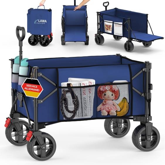 bollerwagen pliable 100kg frein poche latérale hayon porte-bouteille petit 130l léger bleu petite taille de rangement poignée télescopique