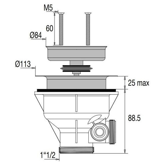 Bonde à panier avec grille inox pour évier épais D90 sans trop plein - VALENTIN - 00 408000 000 00
