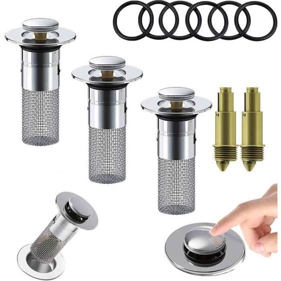 Bonde de lavabo Pop Up Universel, Filtre de vidange en Acier Inoxydable, Bouchon de lavabo (3 pièces -Noyau en Plastique)