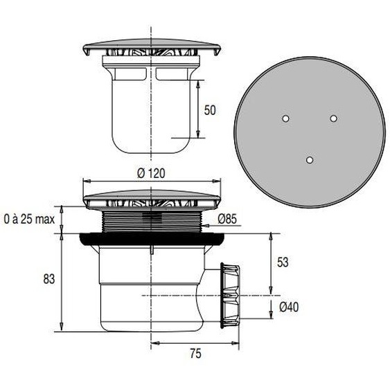 Bonde de receveur à capot métal rond 117mm pour douche D90 sortie horizontale  - VALENTIN - 00 571500 000 00