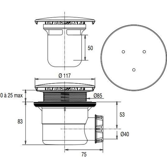 Bonde de receveur à capot métal rond 117mm pour douche D90 sortie horizontale  - VALENTIN - 00 571500 000 00