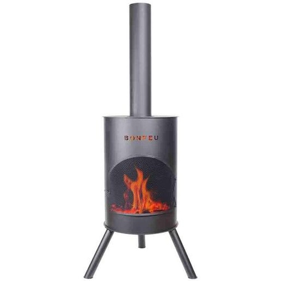 BonFeu BonTon 60 Noir - Poêle de terrasse - Foyer avec pare-étincelles pour des soirées détendues  - Colonne de feu dextérieur - Cheminée de terrasse avec grille de cuisson - Poêle de jardin en acier Corten de haute qualité - L 60 x l 60 x H 198 cm