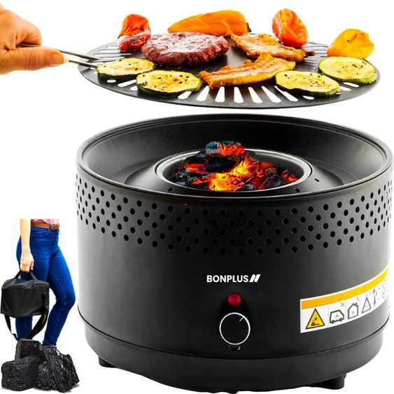 Bonplus BP | Gril à charbon de bois ultra portable | Alimentation par ventilateur | Alimentation par batterie | Facile à nettoyer | Cuisson uniforme | Antiadhésif